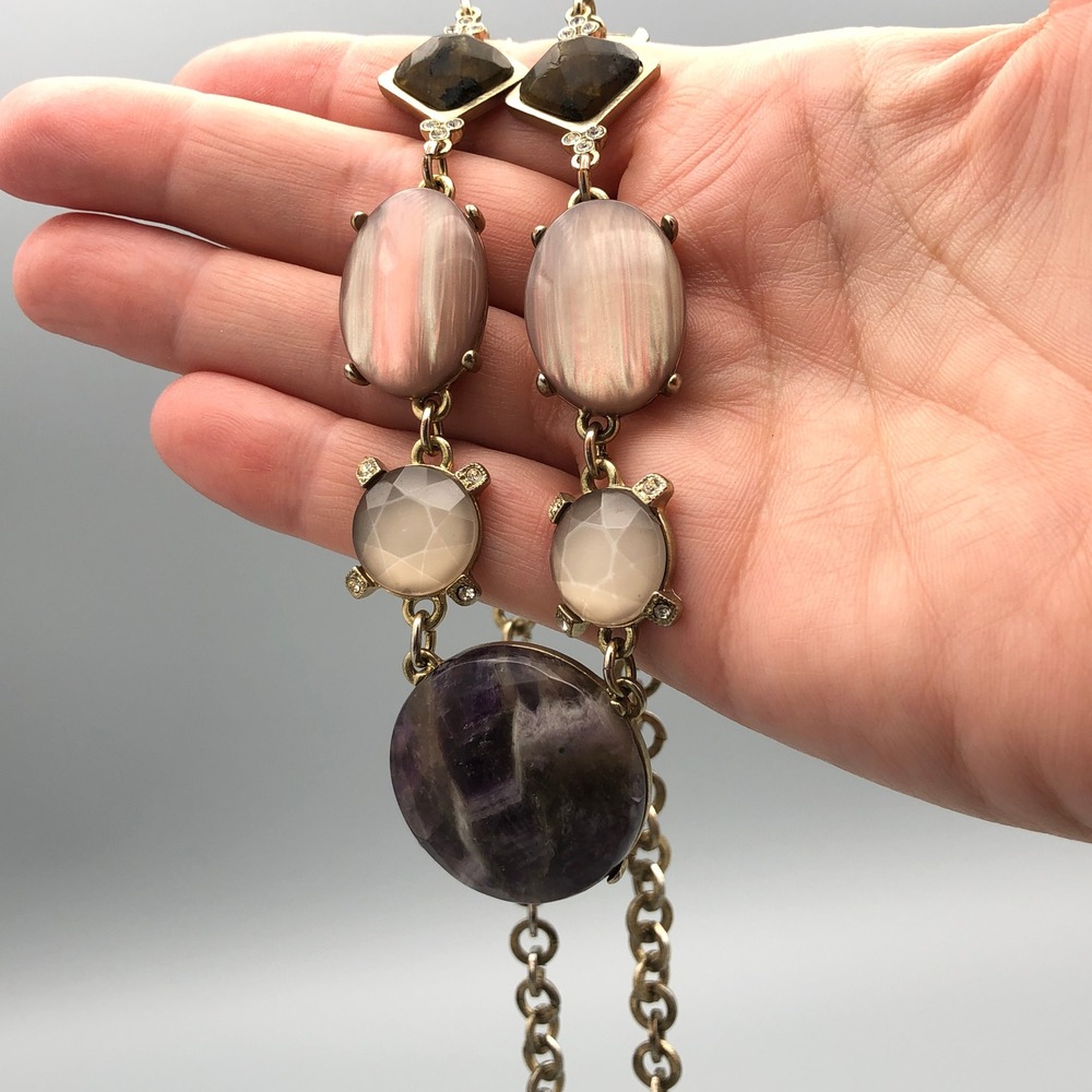 Amethyst Necklace Chunky Faceted Purple Stone Pink Chatoyant Resin Cabochons 30" - Picture 4 of 10